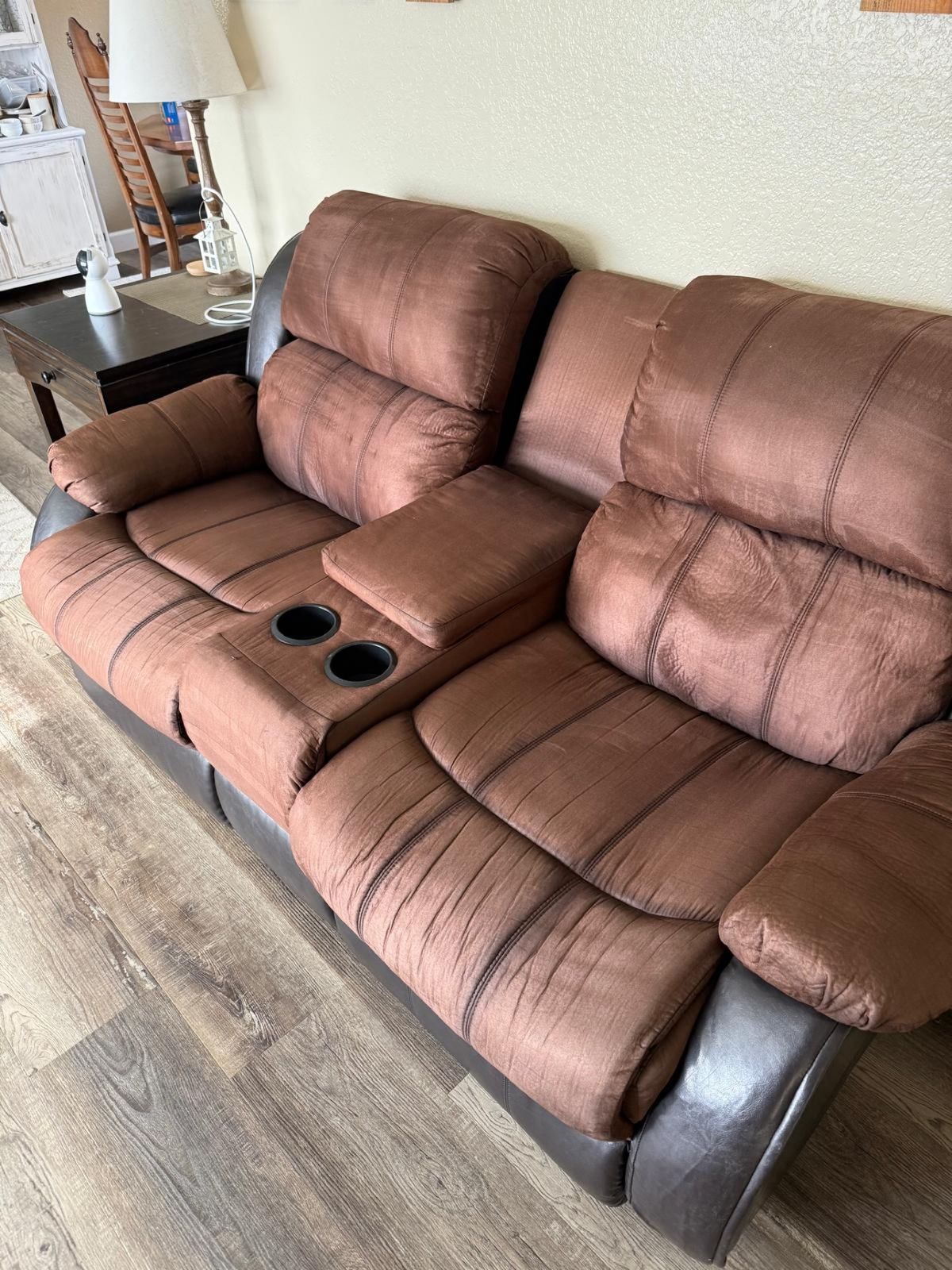 Brown reclining loveseat after cleaning